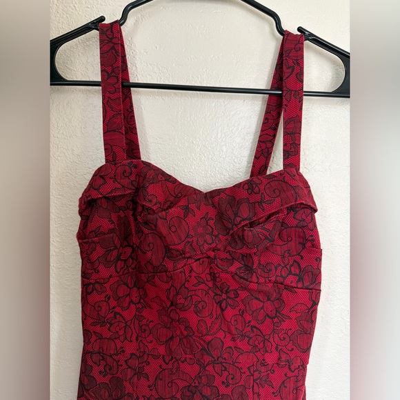 DIXIEFRIED Pinup Retro Red with Black Lace Print Pencil/Wiggle Dress - Picture 2 of 7